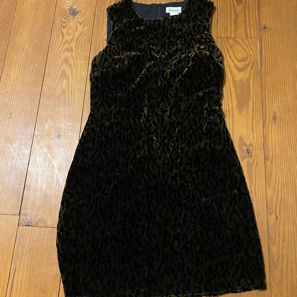 Vintage Velvet Sheath Black Gold Cheetah Print Midi Dress